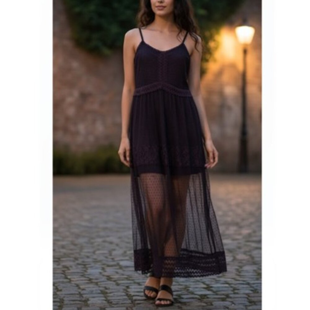 Whimsigoth Black Lace Swiss Dot Sheer Maxi Dress Forever 21 Size M Dark Coquette